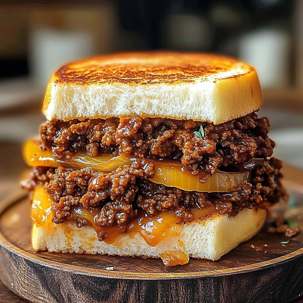 Minced beef sandwich with caramelized onions