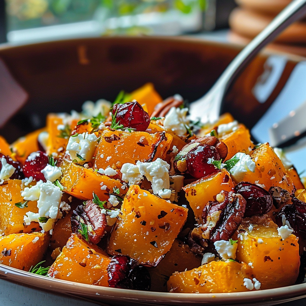 Honey Roasted Butternut Squash with Cranberries Pecans and Feta