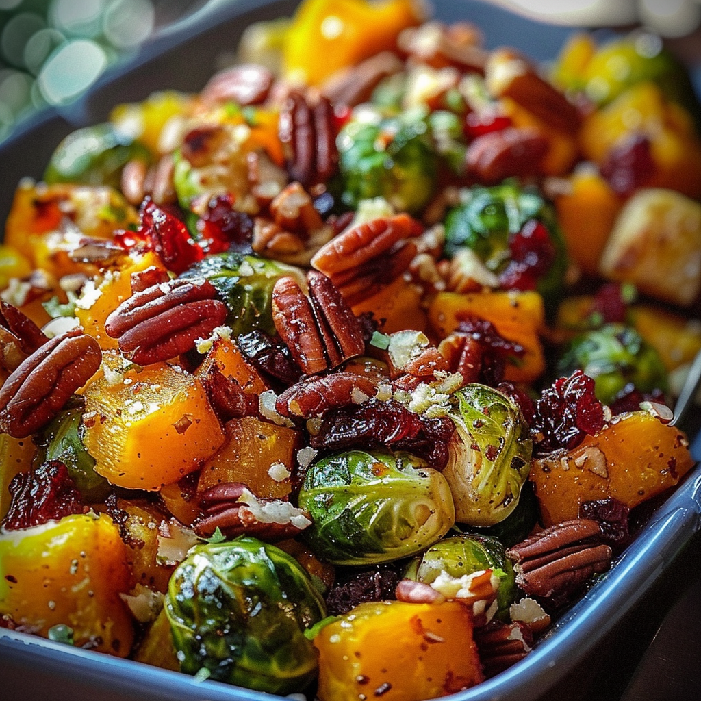 Thanksgiving Butternut Squash and Brussels Sprouts with Pecans and Cranberries